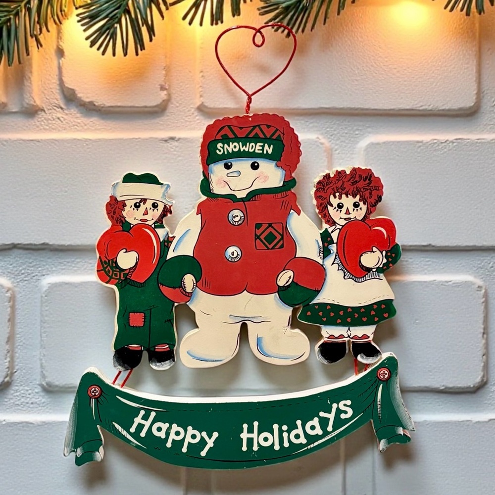 1998 Snowden Raggedy Ann & Andy Happy Holidays Wall Art Vintage Christmas Decor